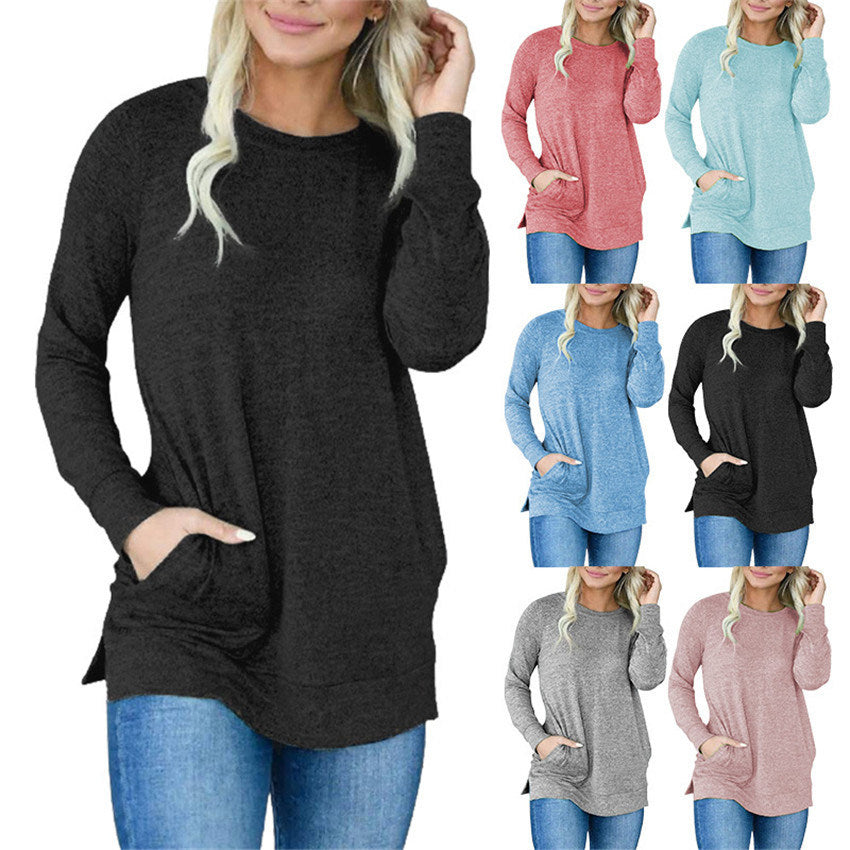 Ladies Pocket Sweater Solid Color Long Sleeve Loose Round Neck Sweater