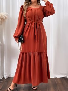 Plus Size Shirred Square Neck Lantern Sleeve Smock Maxi Dress; Women's Plus Solid Elegant Long Dress