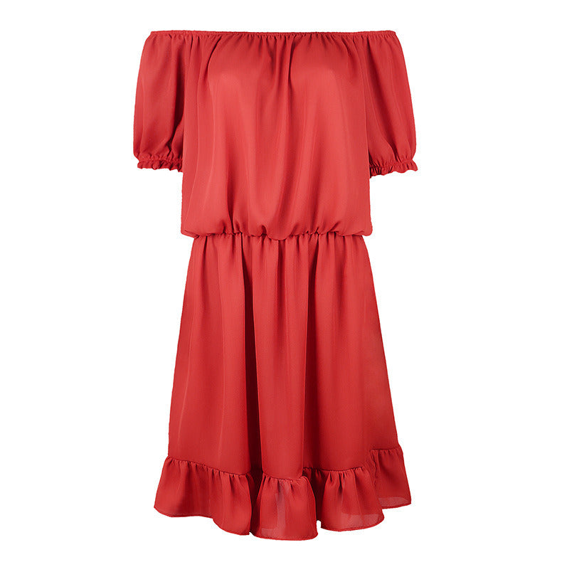 European and American Women's New Word Shoulder Waist Ruffle Dress