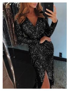 New sequin dress long sleeve V-neck shiny dress evening dinner sexy irregular dress