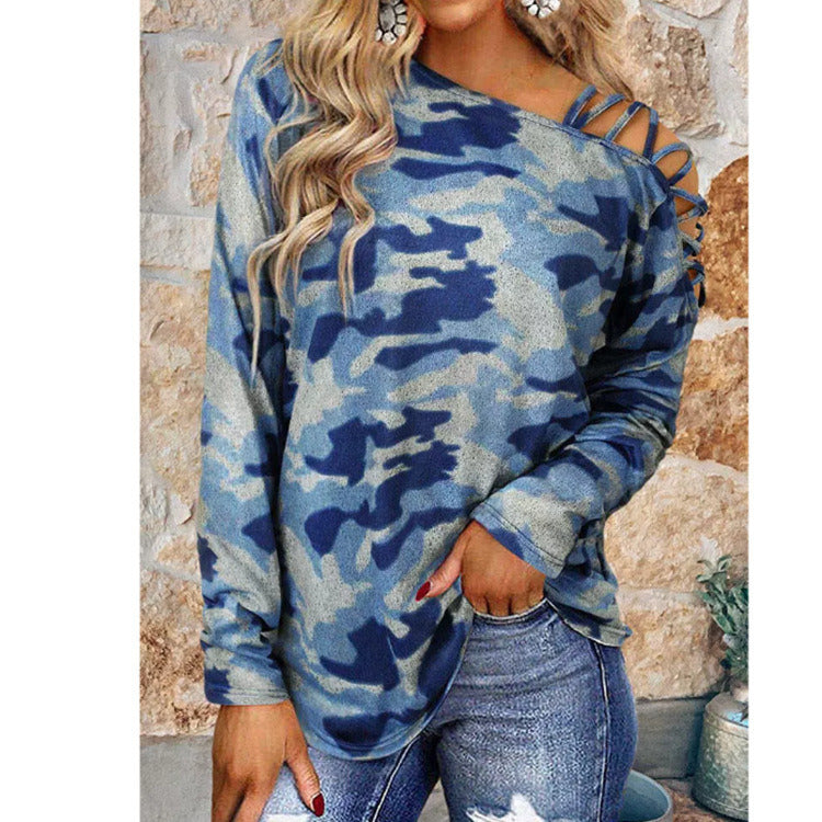 autumn and winter new women's tops off-shoulder camouflage print loose long-sleeved t-shirt