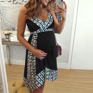 European and American women's new V-neck print stitching strap maternity dress