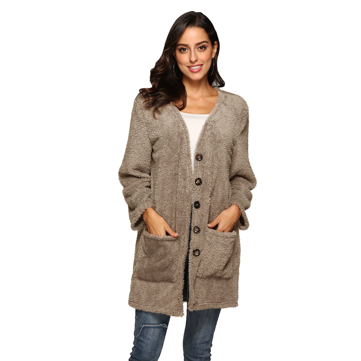 Autumn and winter new thick coat large pockets long plush cardigan