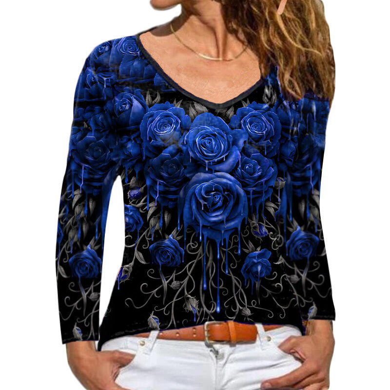 New Fashion Rose Printing V-Neck T-Shirt Female Splice Casual Loose Large Size Long Sleeve Cotton Tee Tops For Autumn