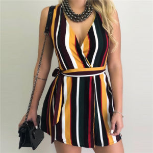 Women's Summer Sleeveless V-neck Strap Stripe Dress