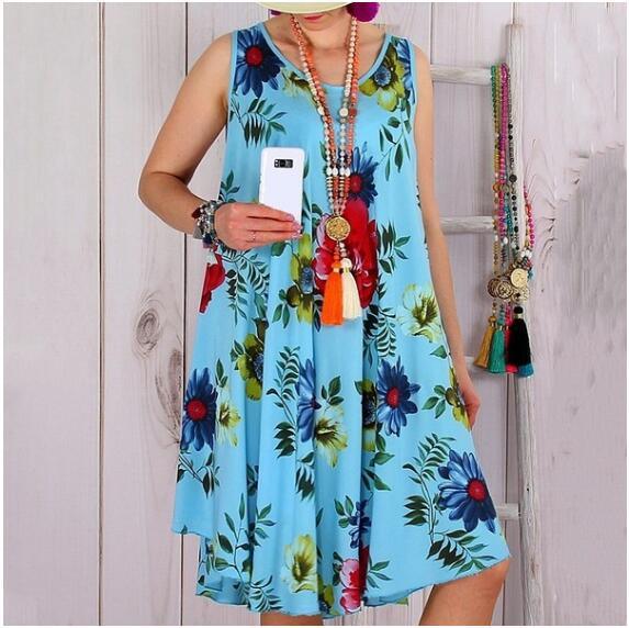 summer new women's loose thin round neck sleeveless long print dress