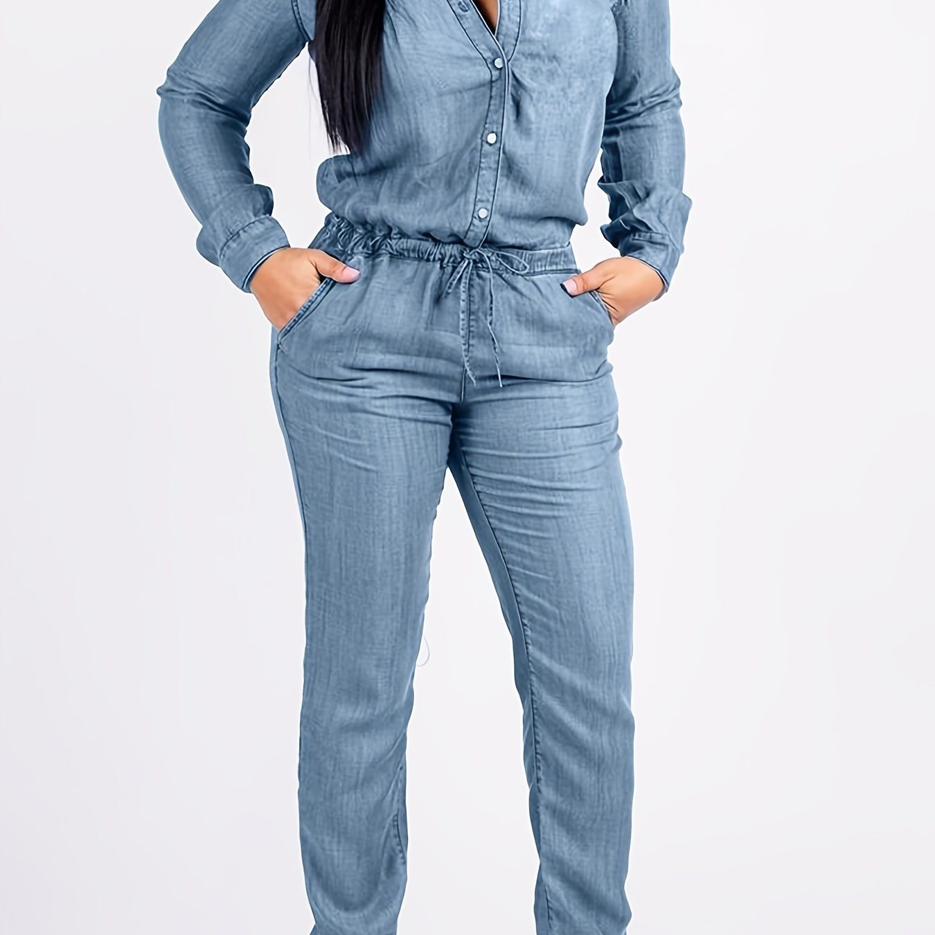 Denim Print Drawstring Waist Jumpsuit; Casual Slant Pockets Long Sleeve Button Down Jumpsuit