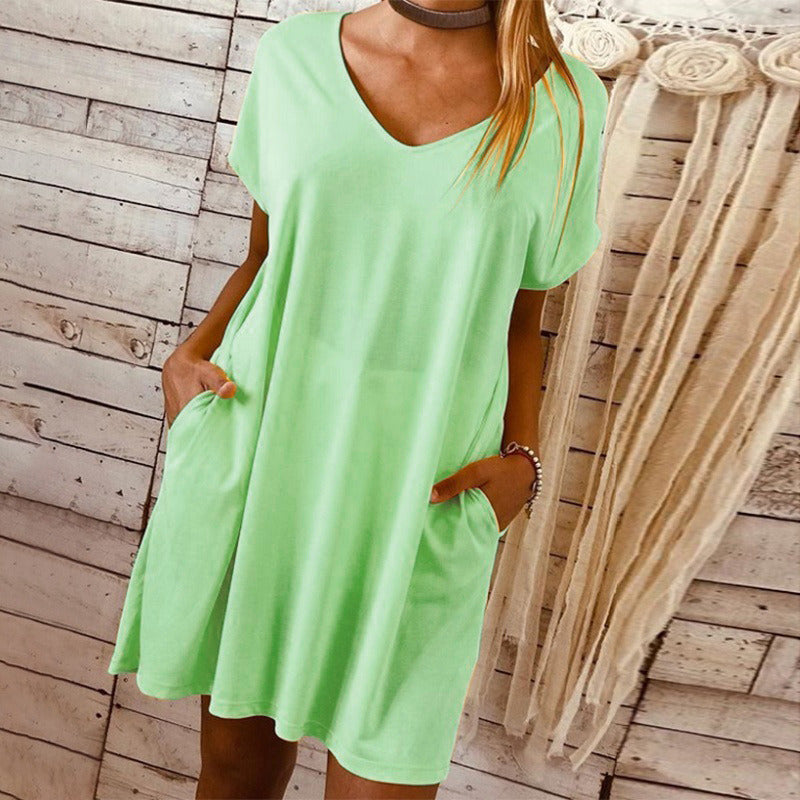 new European and American women's short-sleeved large size solid color V-neck pocket dress