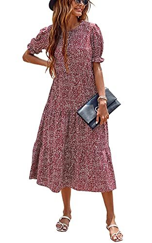 Women's Summer Casual Boho Dress Floral Print Ruffle Puff Sleeve High Waist Midi Beach Dresses