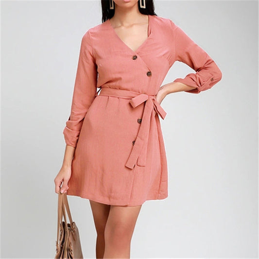 Spring Casual Solid Color High Waist Tie V-neck Chiffon Ladies Dress