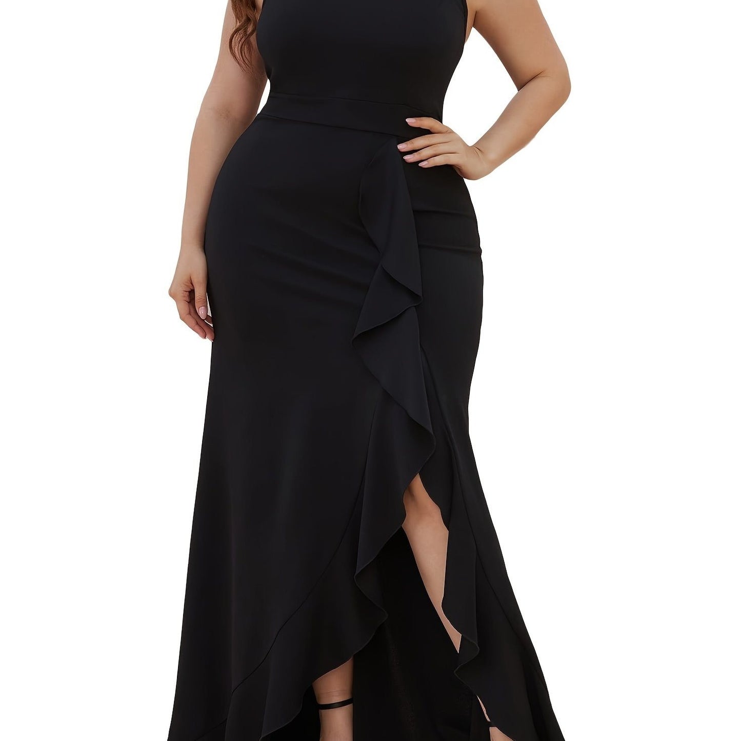 Plus Size Solid Ruffle Trim Split Hem Halter Neck Dress; Women's Plus Party; Events Elegant Maxi Prom Dress