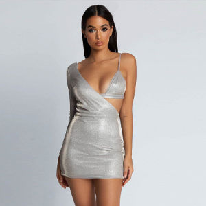 women's new sexy silver flash dress dress slanted shoulder irregular stitching bra bag hip skirt