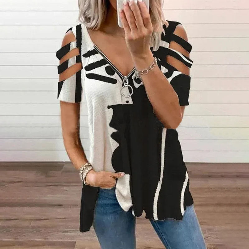 Women's New T-shirt V-neck Zipper Pullover Print Short Sleeve Loose T-shirt Top