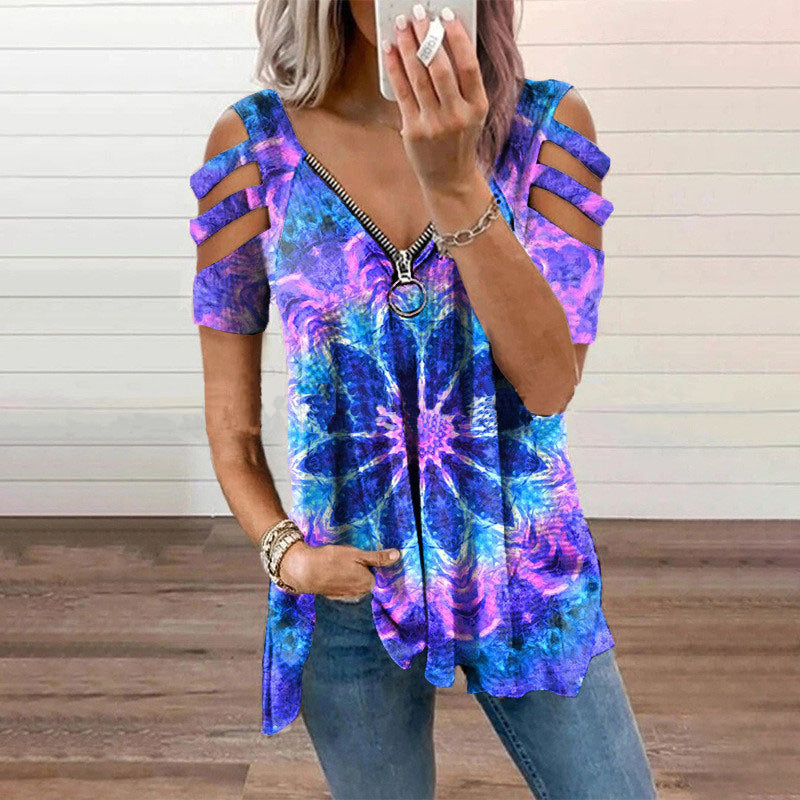 Women's new T-shirt V-neck zipper pullover printed short-sleeved loose T-shirt tops