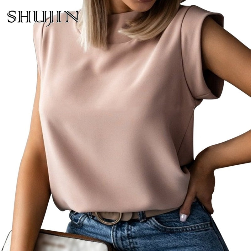 SHUJIN 2021 Fashion Women Elegant Lips Print Tops Blouse Shirts Summer Ladies Office Casual Stand Neck Pullovers Eye Blusa Tops