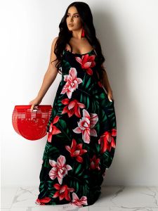 Plus Size Boho Dress; Women's Plus Floral Print V Neck High Stretch Cami Maxi Dress With Pockets