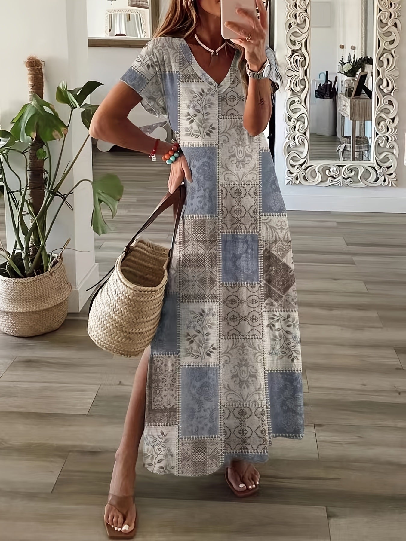 Plus Size Elegant Dress; Women's Plus Floral Print V Neck Short Sleeve Boho Maxi Dress