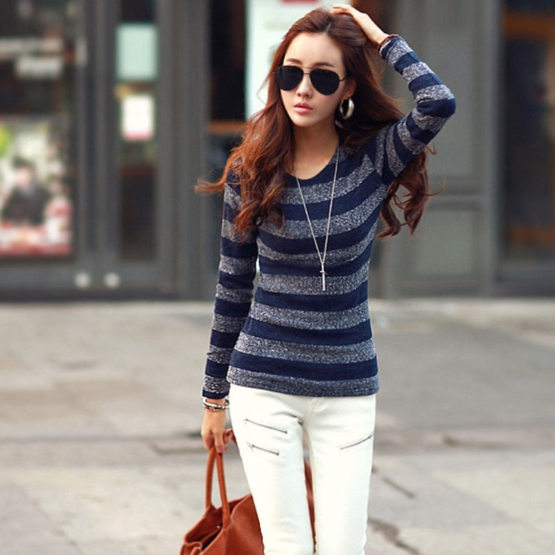 Nice Women Slim Thin Long Sleeve Pullover Striped Bottoming Tops