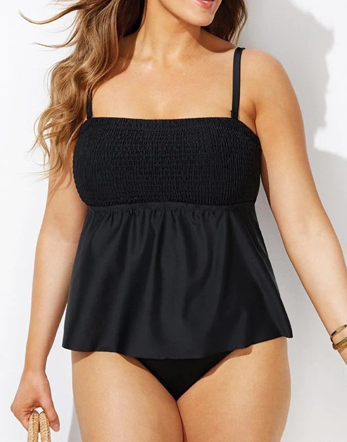 Black Smocked Bandeau Tankini Set