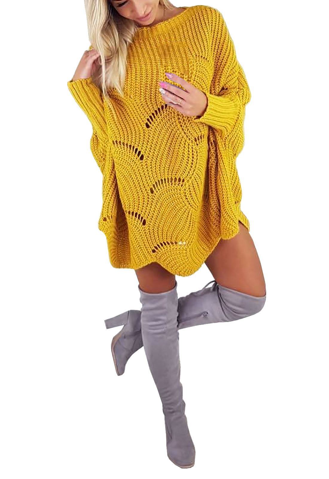 Women Fashion Casual Plus Size Pure Color Hollow Out Bat Sleeve Loose Sweater Autumn Tops