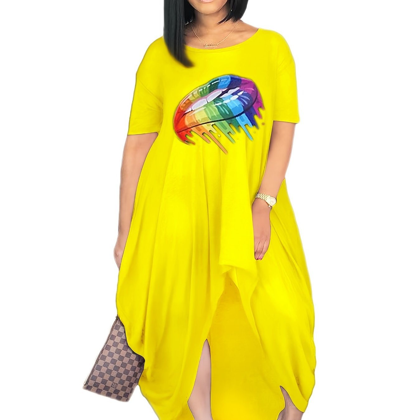 Plus Size Rainbow Color Lip Print Irregular Hem Dress; Women's Plus Casual Short Sleeve Dress