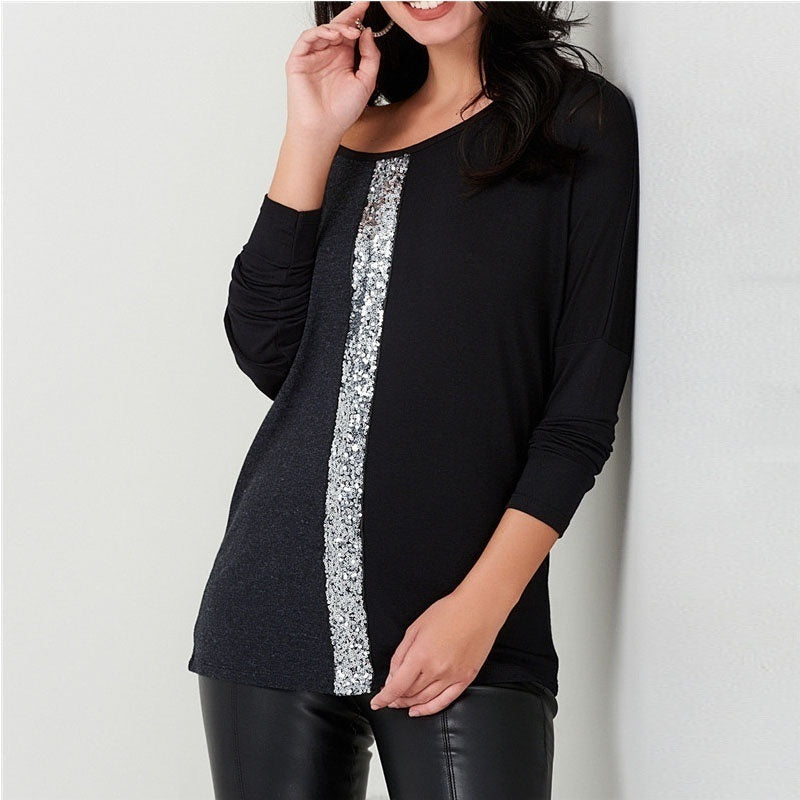 Women Long Sleeve Fashion Sequins Patchwork T Shirt Female Tshirt Autumn Casual Loose Tops Tee Shirt Femme Plus Size