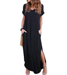 Maxi Dress Loose Pockets Short Sleeve Split Boho Dresses