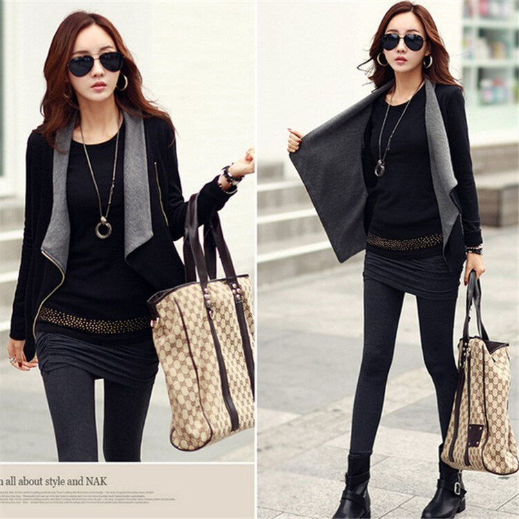 Fashion Woman Autumn Top Outwear Coat Patchwork Zipper Turn Down Lapel Collar Zipper Slim Coat