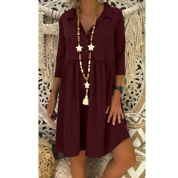 Best Selling Large Size Women's Seven-point Sleeve Deep V-neck Loose Casual Solid Color Dress