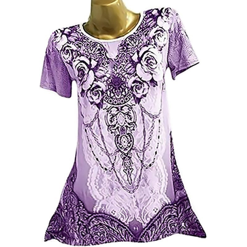 new women's large size irregular shirt printed short-sleeved T-shirt