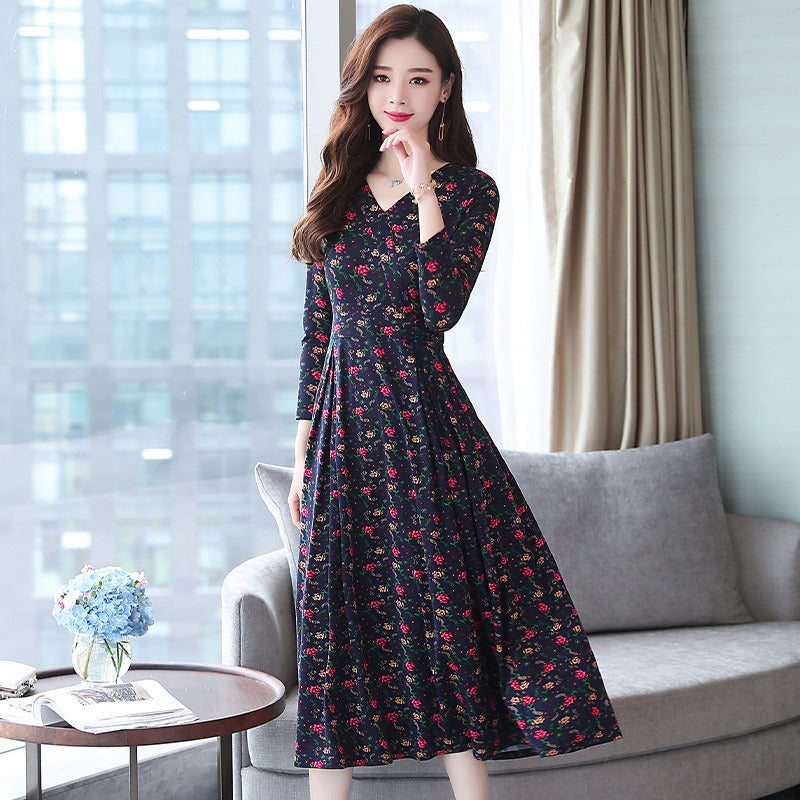 new women's V-neck slim slimming floral fashion wild long-sleeved temperament dress