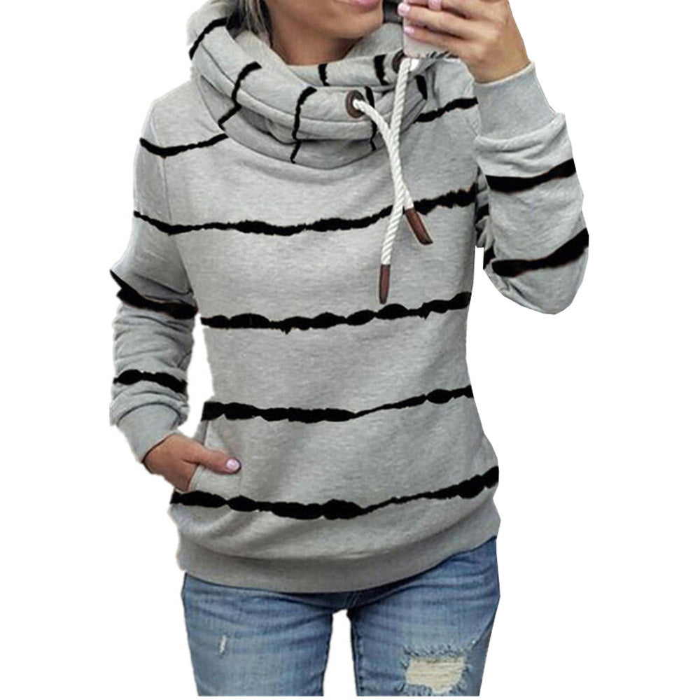 autumn and winter new women's striped printed high-neck hooded fleece striped sweater