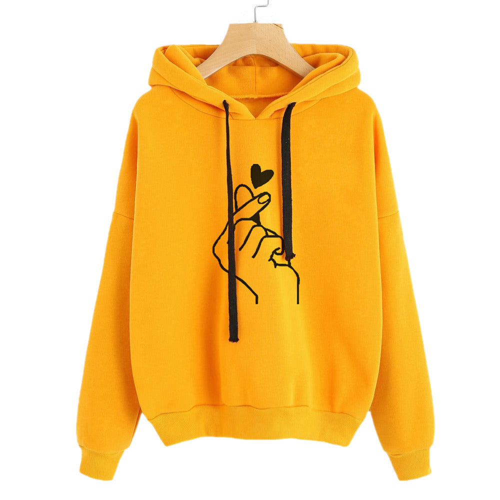 New Fashion Women Hooded Sweater Casaul Printed Heart Long Sleeve Solid Color Hooded Hoodie Finger Heart Hoodie Pullover Tops Hoodies Coat