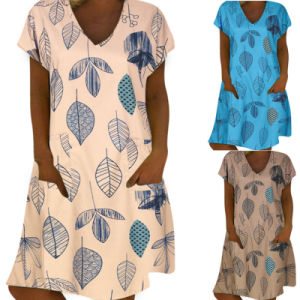 Summer women's new short-sleeved V-neck casual leaf print dress