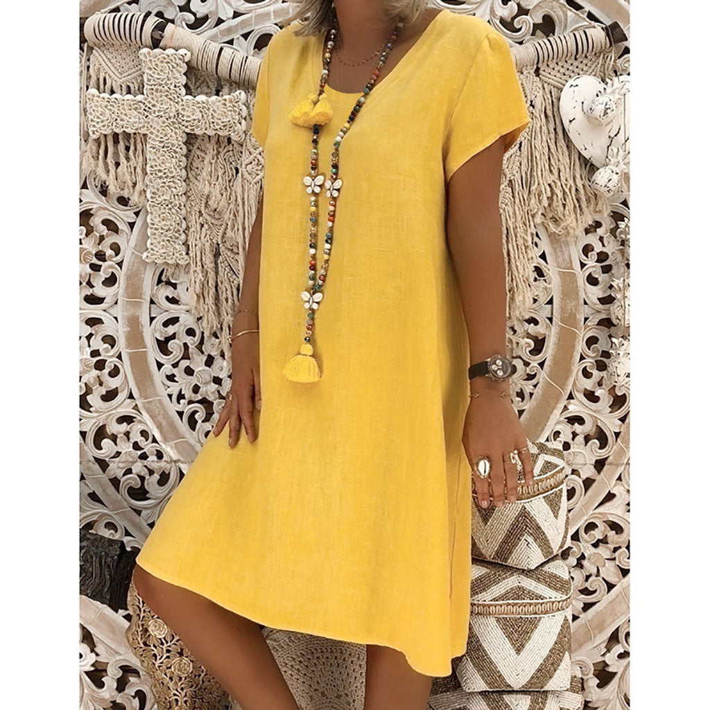 summer new women's solid color short-sleeved round neck dress