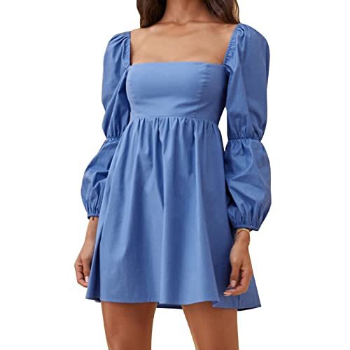 Womens Square Neck Dress Long Puff Sleeve A-Line Casual Short Mini Dress