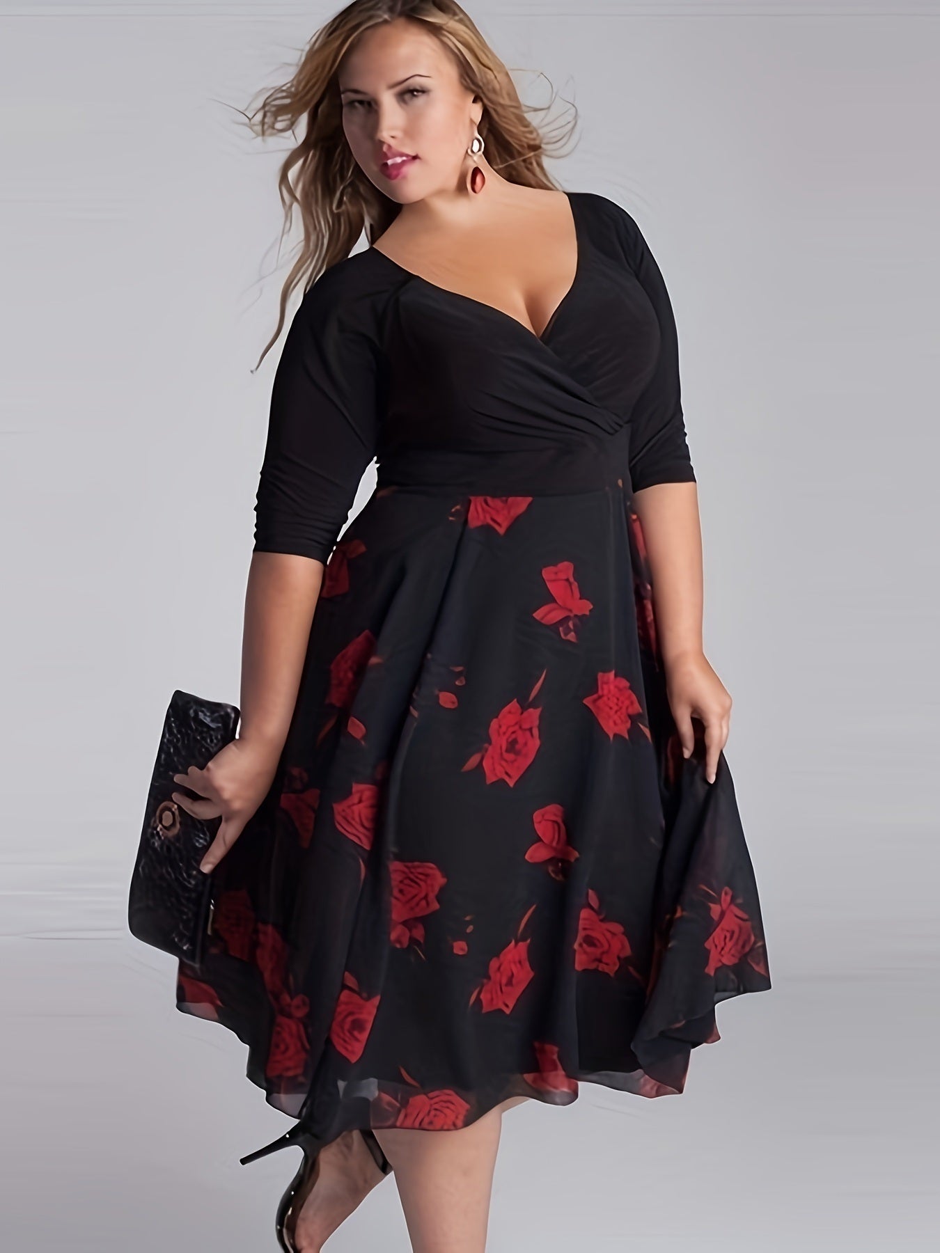 Plus Size Elegant Dress; Women's Plus Floral Print Half Sleeve Surplice Neck Contrast Mesh Dress