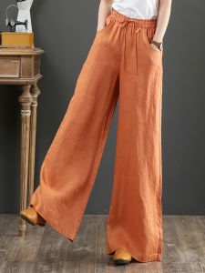 Solid Color Literary Cotton Linen Wide Leg Pants; Women's Trousers