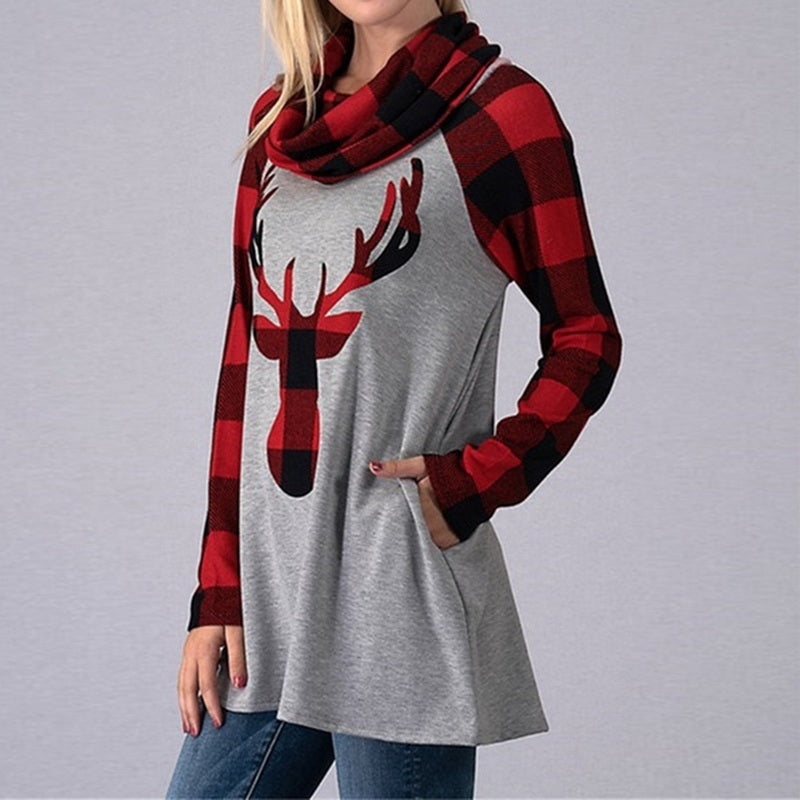 Christmas Ladies Women's Stitching Color Sweater Pullover Elk Print Long Sleeves Christams Clothes Loose Hoodie Sweater