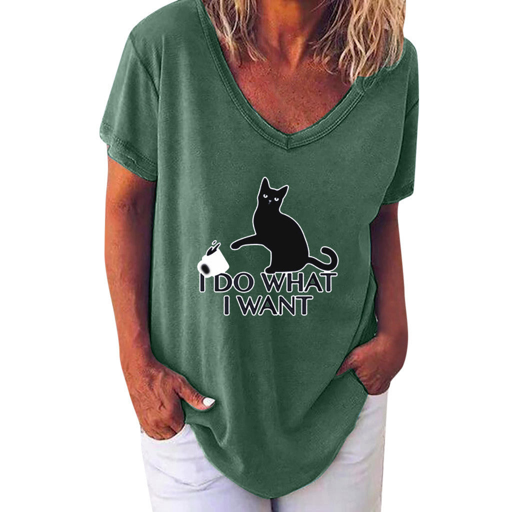 Summer new cat print V-neck short-sleeved women's T-shirt