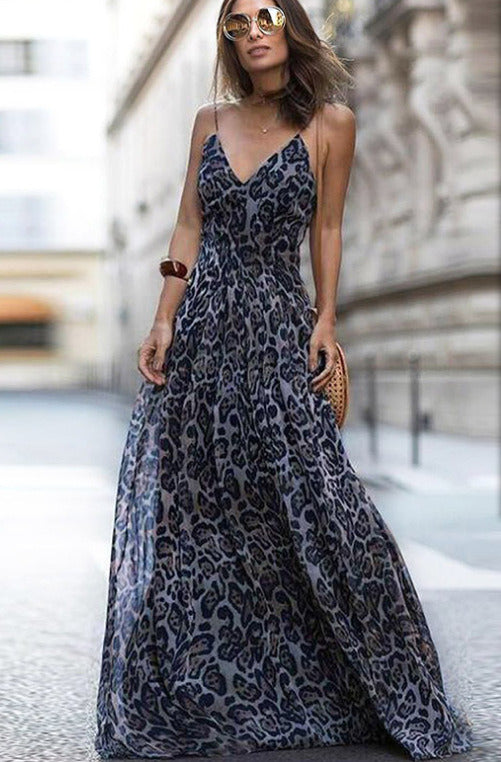 New Spring and Summer Women's Sexy Leopard V-neck Sling Dress