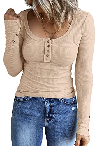 Women's Long Sleeve Shirts Casual Fall Henley Top Button Down Blouses Basic Ribbed Knit T Shirts