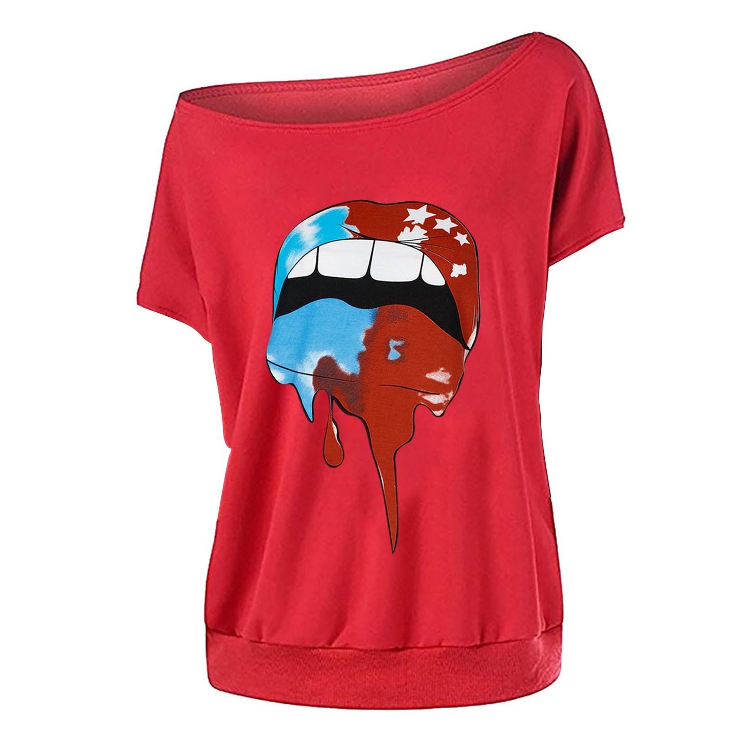 Fashion women's lips printed T-shirt strapless sexy short-sleeved T-shirt tops