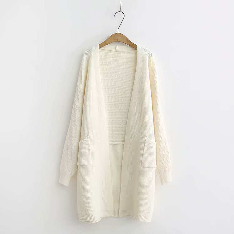 Ulzzang Girl Casual Long Knitted Cardigan Autumn Korean Women Loose Solid Color Pocket Design Sweater Jacket Pink Beige