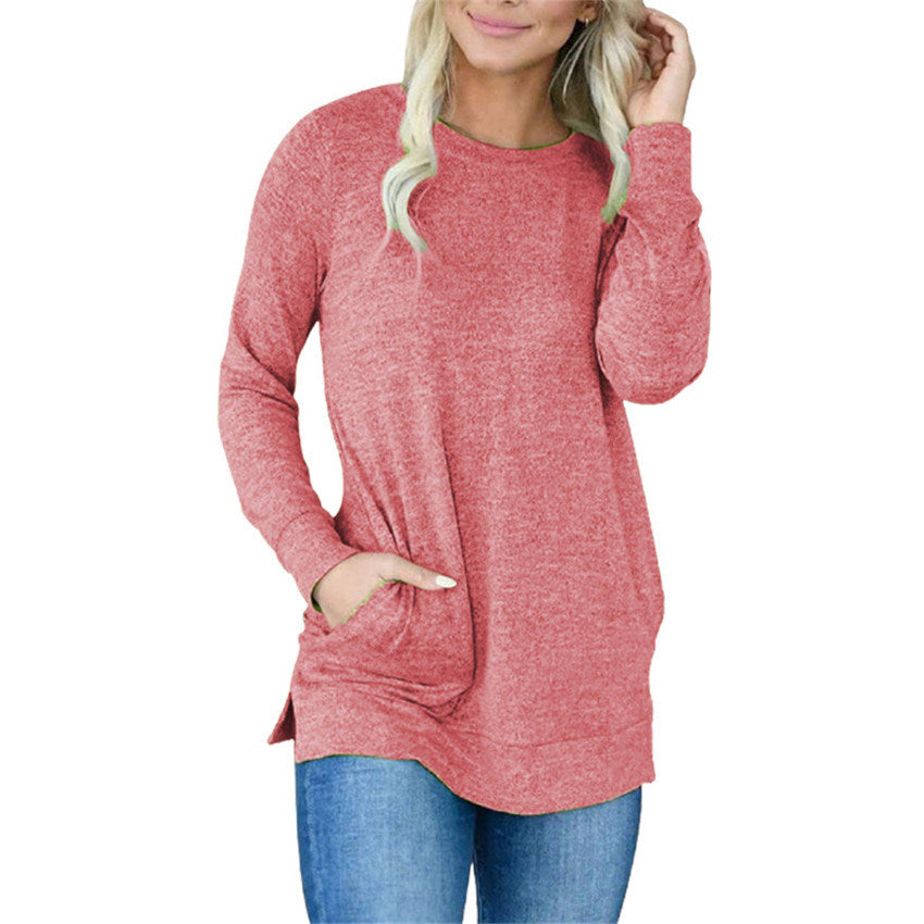 Ladies Pocket Sweater Solid Color Long Sleeve Loose Round Neck Sweater