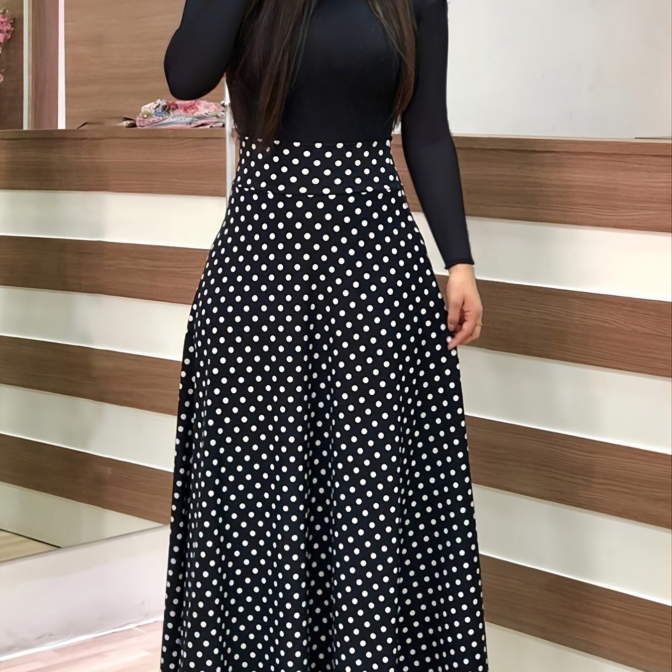 Plus Size Contrast Polka Dot Print Medium Stretch Maxi Dress; Women's Plus High Waist Elegant Long Dress