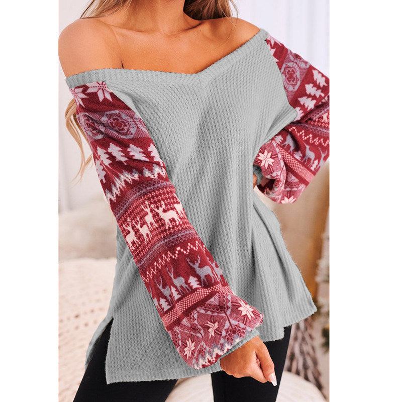 Winter Christmas New Ladies V-neck Side Slit Knitted Christmas Print Lantern Sleeve Sweater