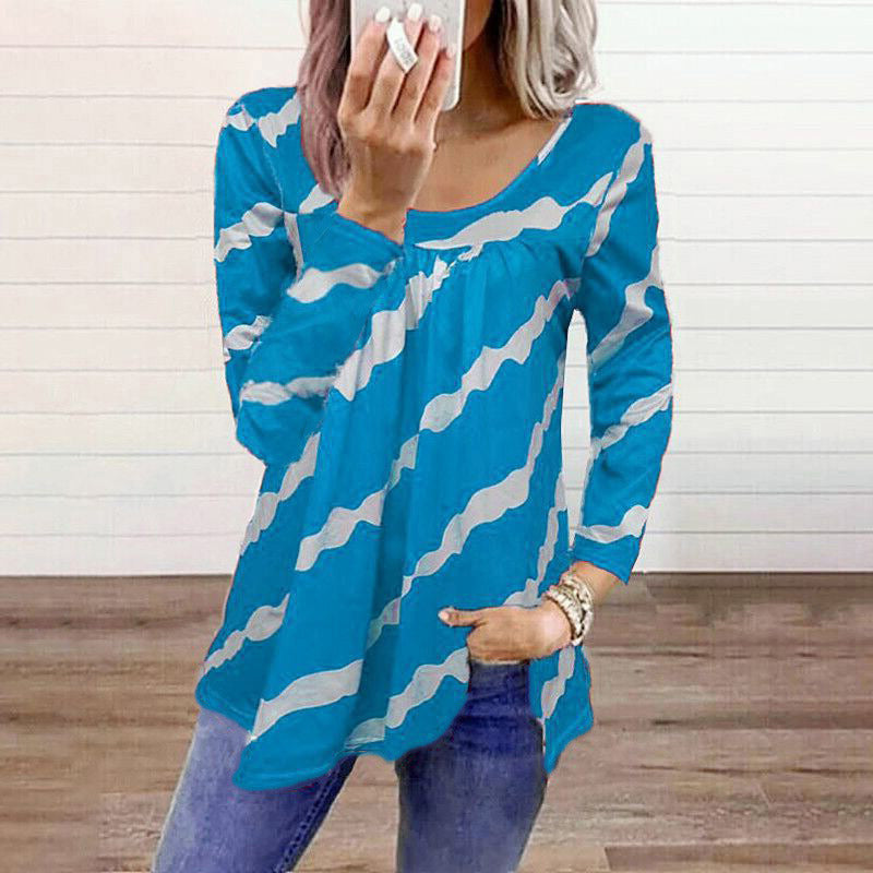 autumn and winter new women's tops striped printed loose long-sleeved t-shirt