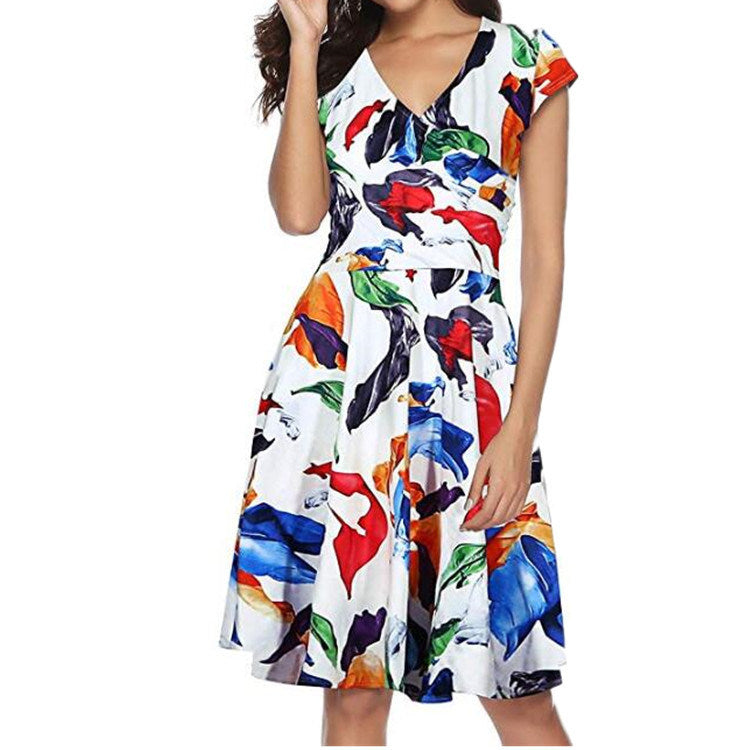 European and American women's new cross V-neck sleeves fashion casual print dress