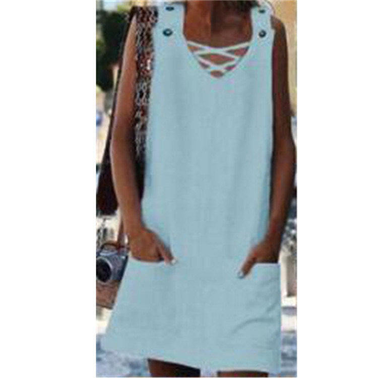 Women's fashion new V-neck adjustable patch pocket strap dress